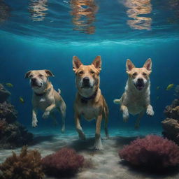 Five dogs exploring an underwater world in a planet made entirely of sea