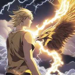 A yellow-haired manga teenager watches in awe as an evil goddess creates a lightning storm