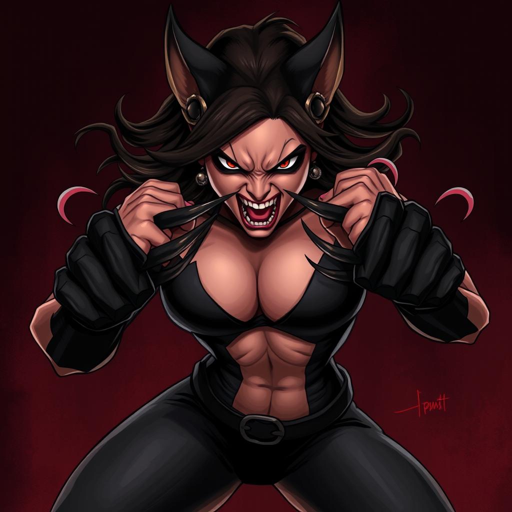 Create an artwork of an angry Hellcat woman swiping her claws in anger