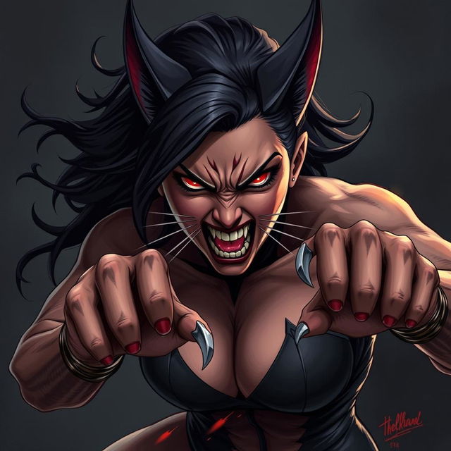 Create an artwork of an angry Hellcat woman swiping her claws in anger