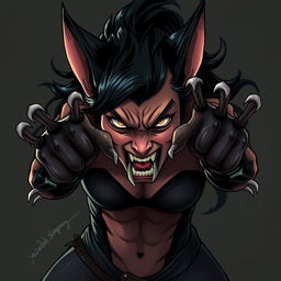 Create an artwork of an angry Hellcat woman swiping her claws in anger