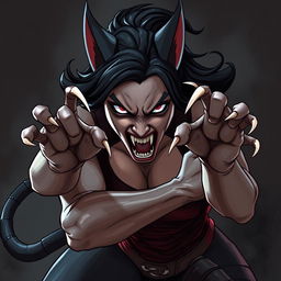 Create an artwork of an angry Hellcat woman swiping her claws in anger