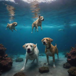 Five dogs exploring an underwater world in a planet made entirely of sea