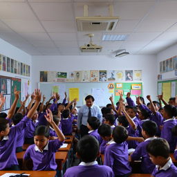 A chaotic classroom scene with students wearing purple uniforms