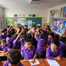 A chaotic classroom scene with students wearing purple uniforms