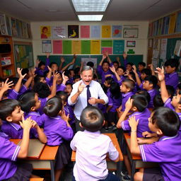 A chaotic classroom scene with students wearing purple uniforms