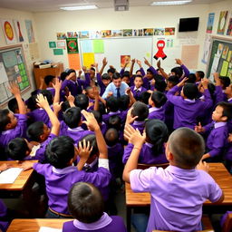 A chaotic classroom scene with students wearing purple uniforms