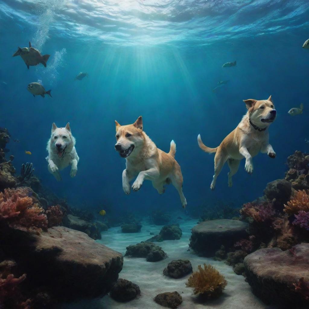 Five dogs exploring an underwater world in a planet made entirely of sea