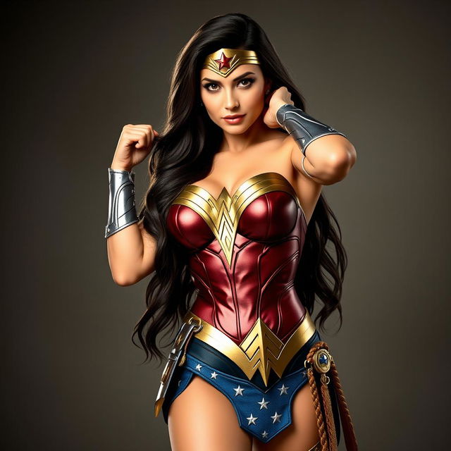 Wonder Woman in a stylish and attractive outfit, striking a confident pose