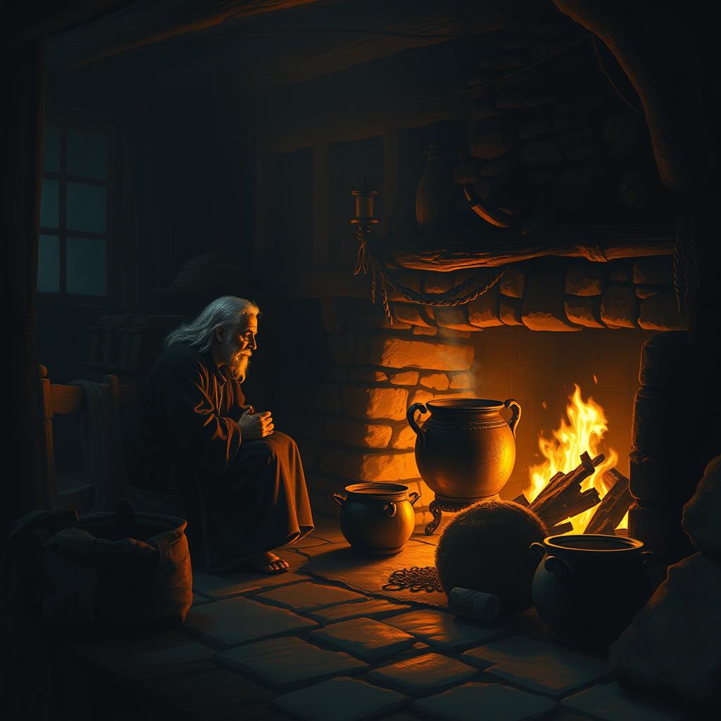 A Dungeons & Dragons scene of the interior of a shadowy cabin with an old woman sitting by the lit fireplace, warming a cauldron