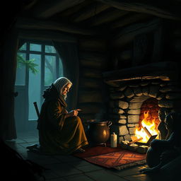 A Dungeons & Dragons scene of the interior of a shadowy cabin with an old woman sitting by the lit fireplace, warming a cauldron