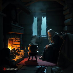 A Dungeons & Dragons scene of the interior of a shadowy cabin with an old woman sitting by the lit fireplace, warming a cauldron