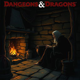 A Dungeons & Dragons scene of the interior of a shadowy cabin with an old woman sitting by the lit fireplace, warming a cauldron