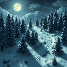 A detailed battlemap of a snowy forest at night