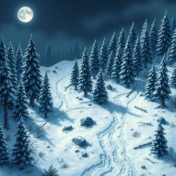 A detailed battlemap of a snowy forest at night