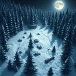 A detailed battlemap of a snowy forest at night