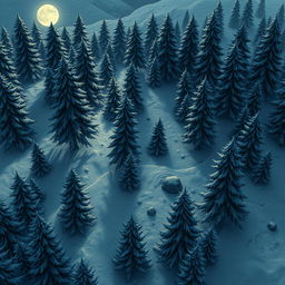 A detailed battlemap of a snowy forest at night