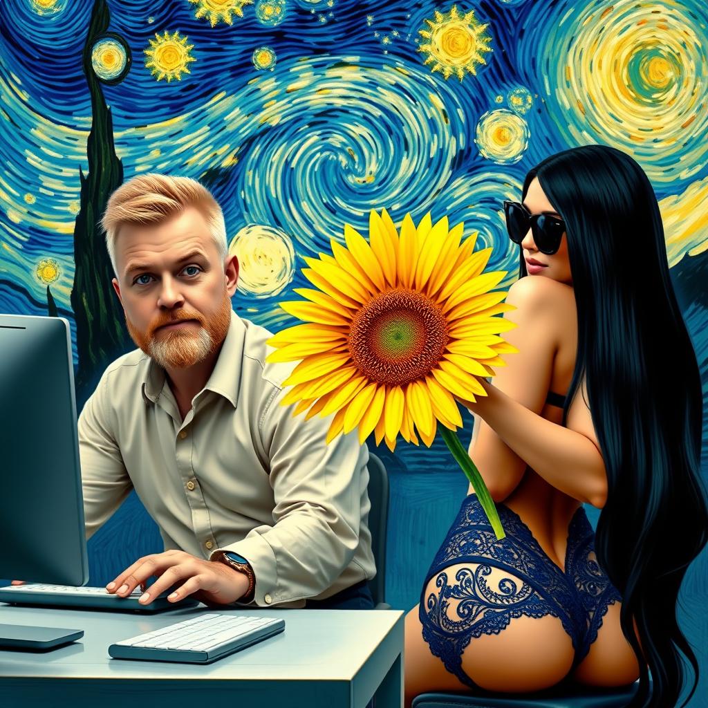 Create an image of a man with very short hair, a blonde beard, and blue eyes, sitting at a desk working on a computer