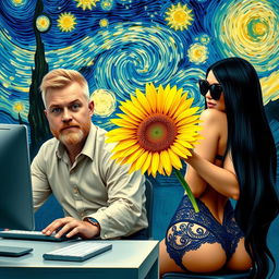 Create an image of a man with very short hair, a blonde beard, and blue eyes, sitting at a desk working on a computer