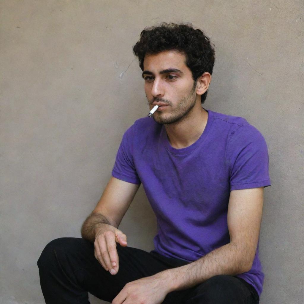 A 25-year-old Iranian man in a purple t-shirt and black pants, sitting behind a wall, smoking in a contemplative manner.