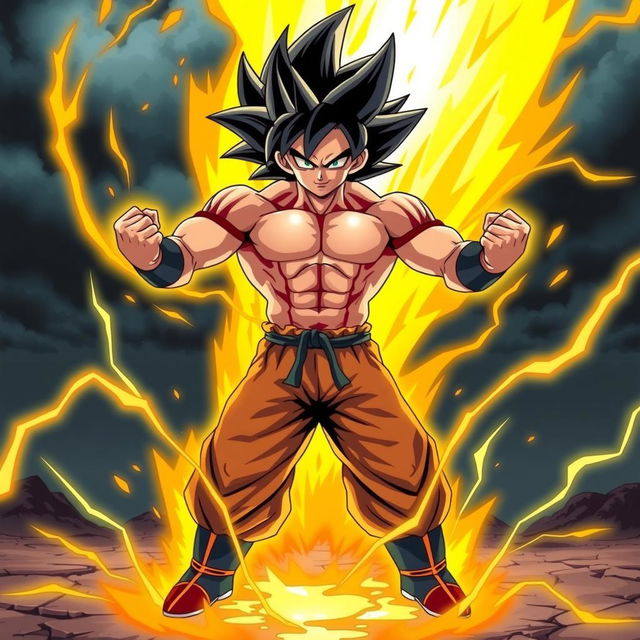 Goku from Dragonball Z turning Super Saiyan, with golden spiked hair, teal eyes, and a powerful stance, surrounded by a golden aura and electric sparks, set against a dark, stormy sky