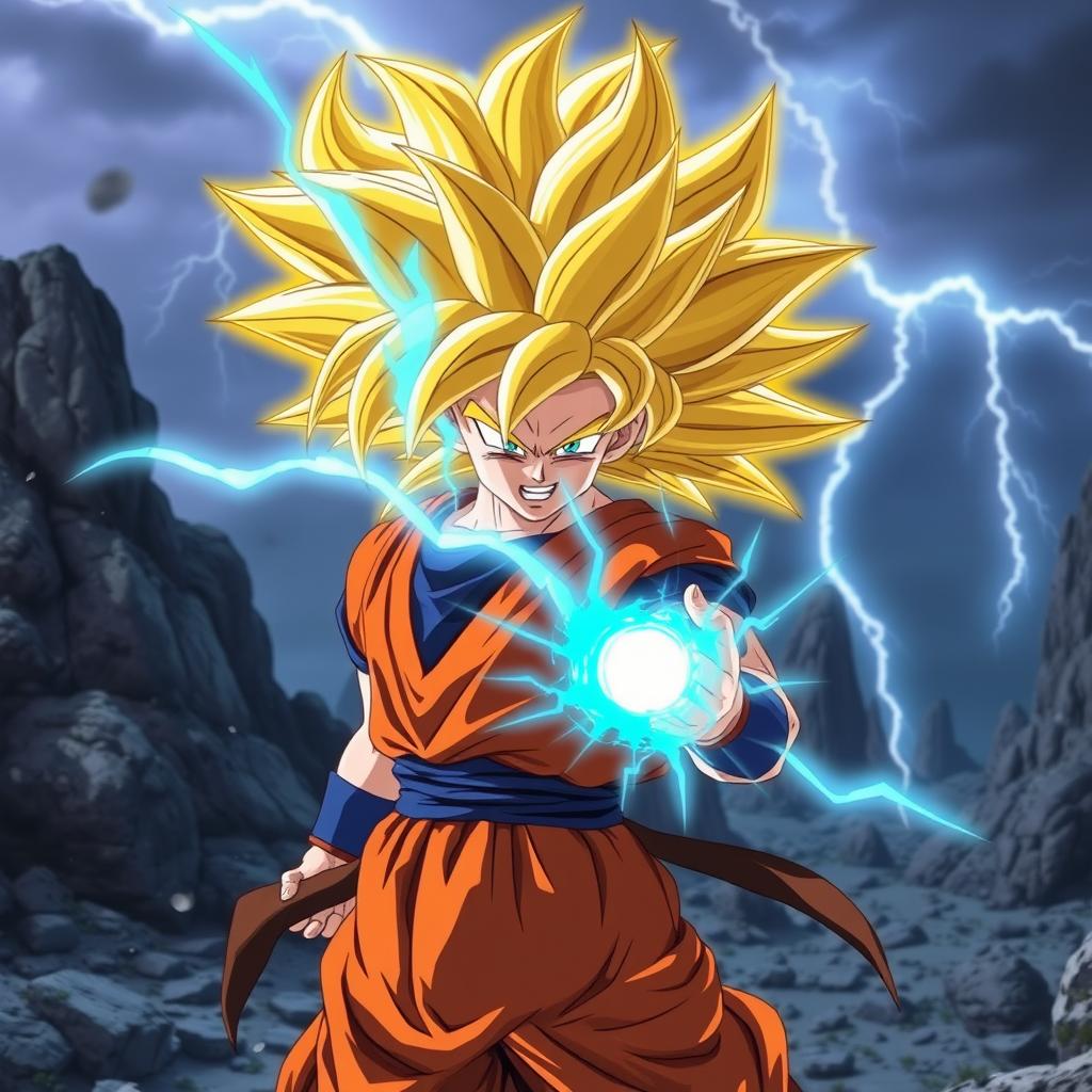 Goku from Dragonball Z, turning Super Saiyan, with his hair glowing golden and energy radiating around him