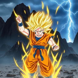 Goku from Dragonball Z, turning Super Saiyan, with his hair glowing golden and energy radiating around him