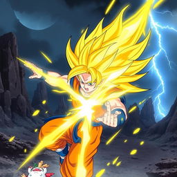 Goku from Dragonball Z, turning Super Saiyan, with his hair glowing golden and energy radiating around him