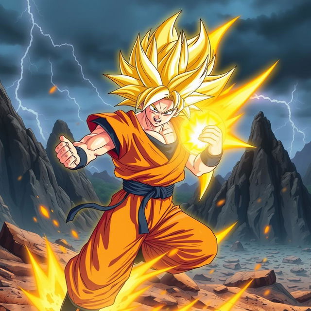 Goku from Dragonball Z, turning Super Saiyan, with his hair glowing golden and energy radiating around him