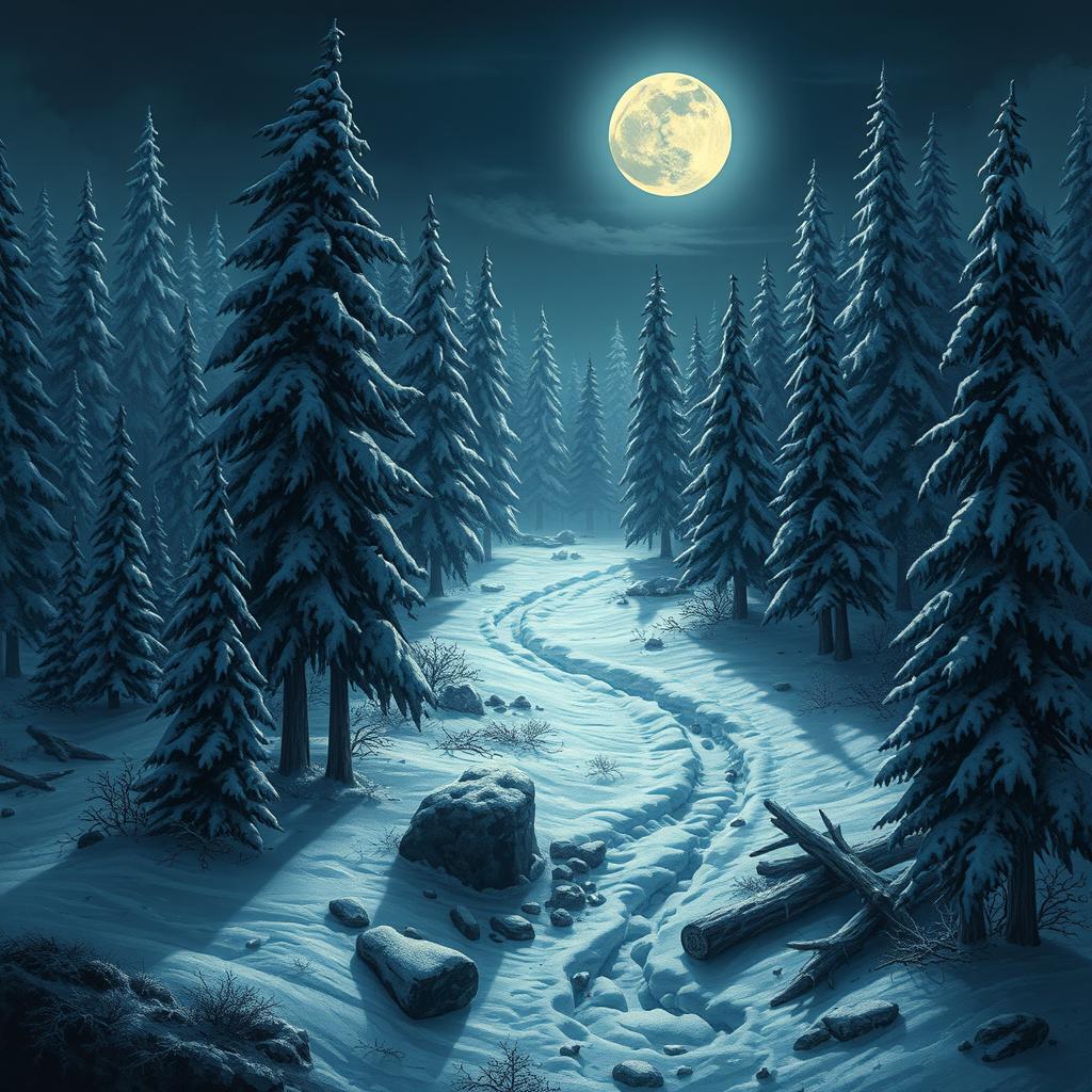 A detailed vertical battlemap of a snowy forest at night