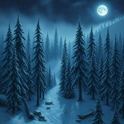 A detailed vertical battlemap of a snowy forest at night