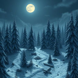 A detailed vertical battlemap of a snowy forest at night