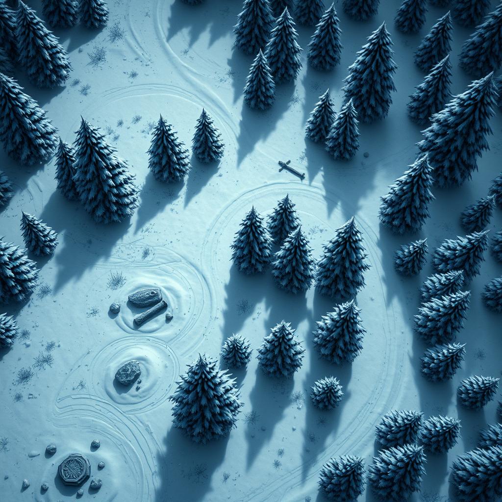 A top-down view of a detailed battlemap of a snowy forest at night