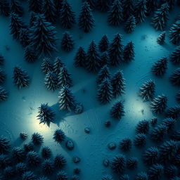 A top-down view of a detailed battlemap of a snowy forest at night