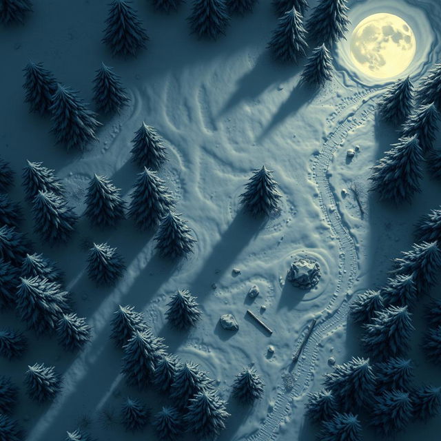 A top-down view of a detailed battlemap of a snowy forest at night