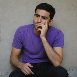 A 25-year-old Iranian man in a purple t-shirt and black pants, sitting behind a wall, smoking in a contemplative manner.