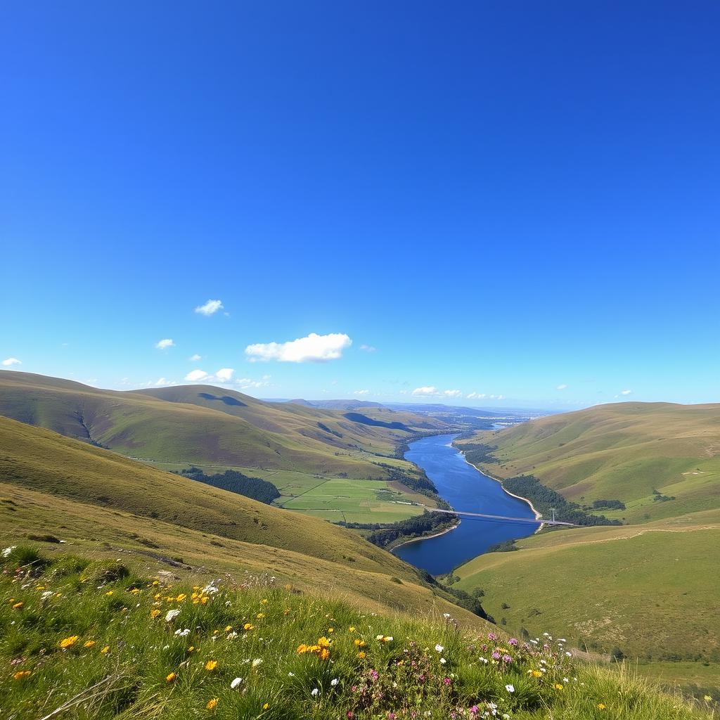 A beautiful landscape featuring rolling hills, a clear blue sky, and a serene river flowing through the valley