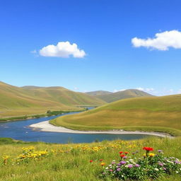 A beautiful landscape featuring rolling hills, a clear blue sky, and a serene river flowing through the valley