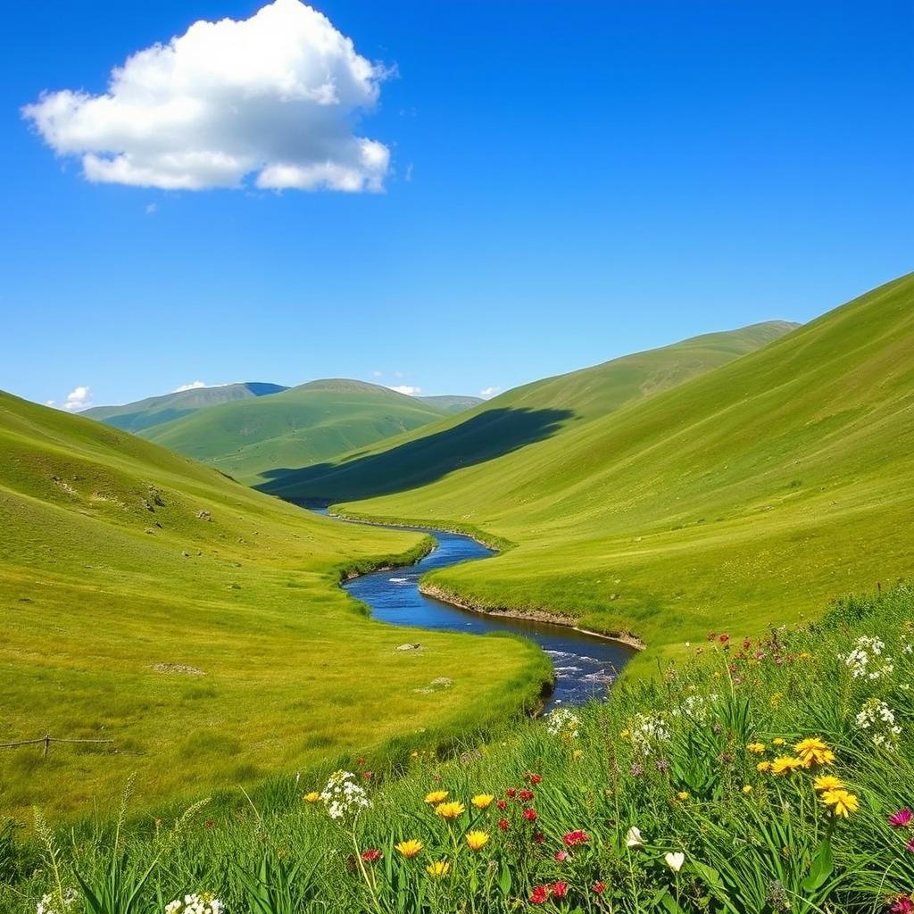 A beautiful landscape featuring rolling hills, a clear blue sky, and a serene river flowing through the valley