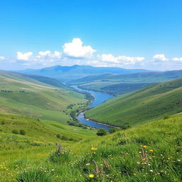 A beautiful landscape featuring rolling hills, a clear blue sky, and a serene river flowing through the valley