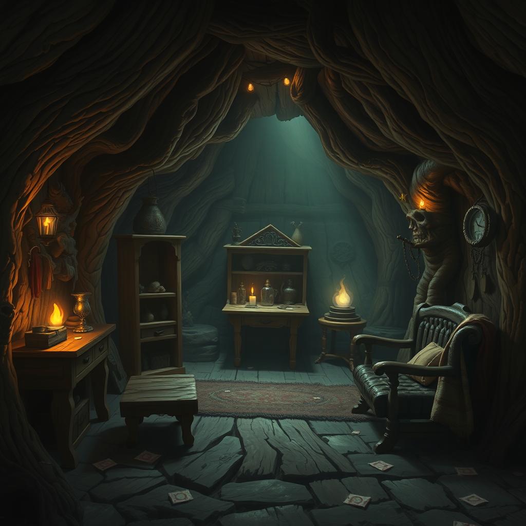 Create a Dungeons & Dragons inspired image of the interior of a dark cabin made from a tree trunk