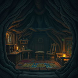 Create a Dungeons & Dragons inspired image of the interior of a dark cabin made from a tree trunk