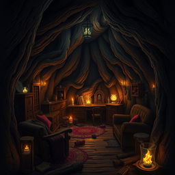 Create a Dungeons & Dragons inspired image of the interior of a dark cabin made from a tree trunk