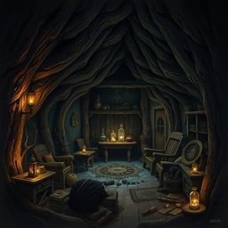 Create a Dungeons & Dragons inspired image of the interior of a dark cabin made from a tree trunk