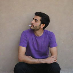 A 25-year-old Iranian man in a purple t-shirt and black pants, sitting behind a wall, smoking in a contemplative manner.