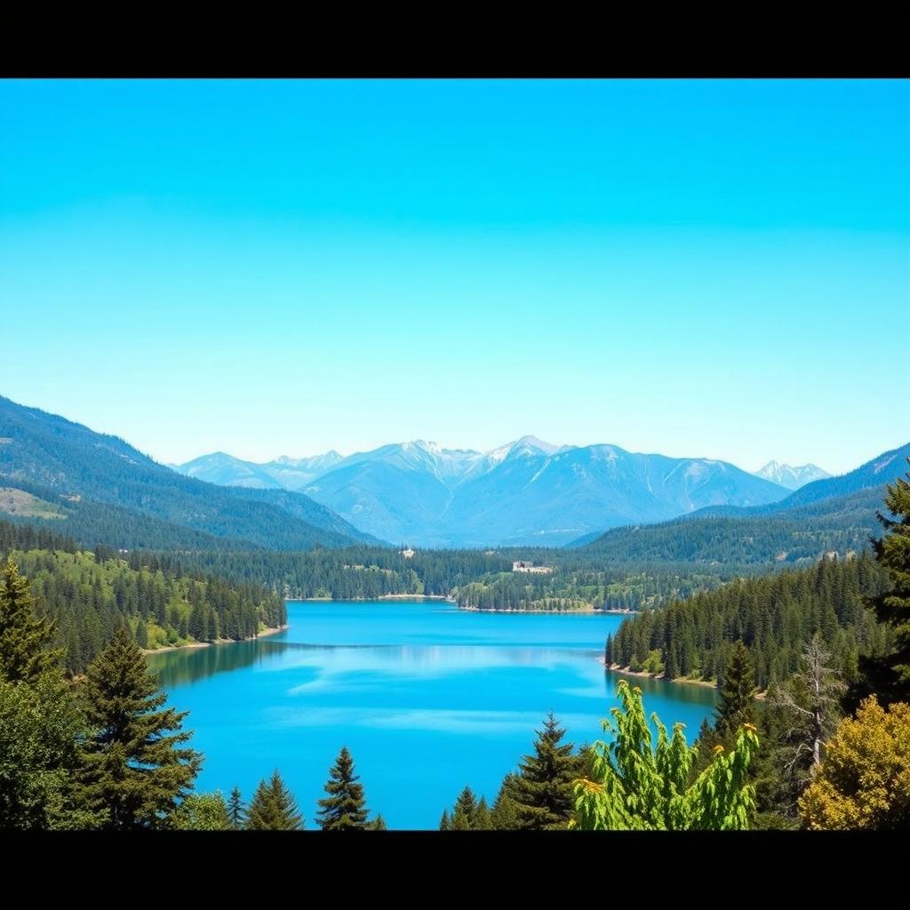 A beautiful landscape featuring a serene lake surrounded by lush green trees, with mountains in the background and a clear blue sky