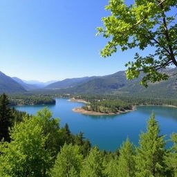 A beautiful landscape featuring a serene lake surrounded by lush green trees, with mountains in the background and a clear blue sky