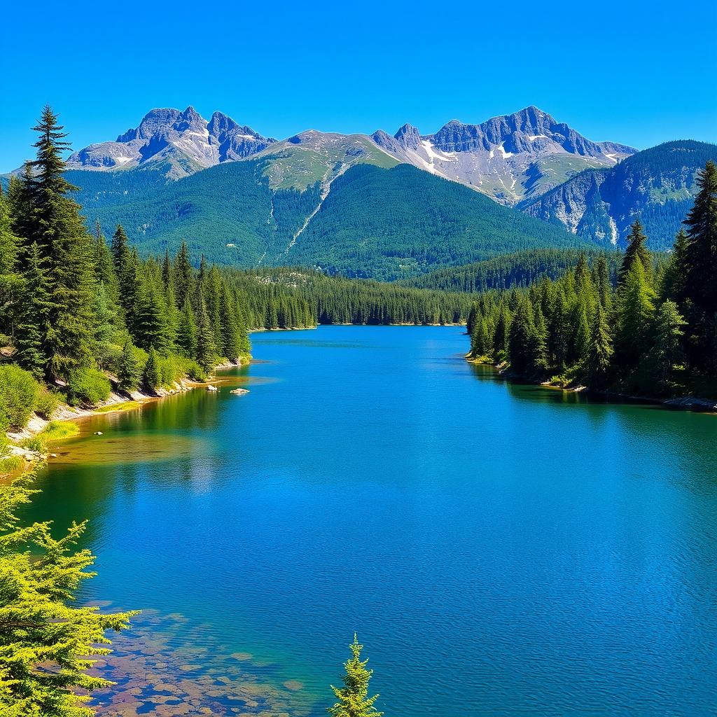 A beautiful landscape featuring a serene lake surrounded by lush green trees, with mountains in the background and a clear blue sky