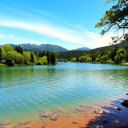 A beautiful landscape featuring a serene lake surrounded by lush green trees, with mountains in the background and a clear blue sky