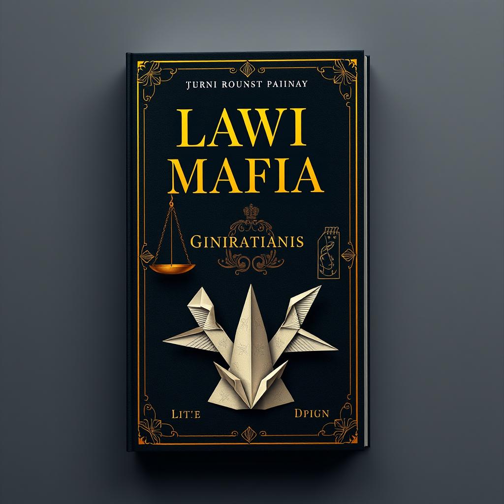 Create an aesthetic book cover featuring elements of the mafia, law, origami, and family